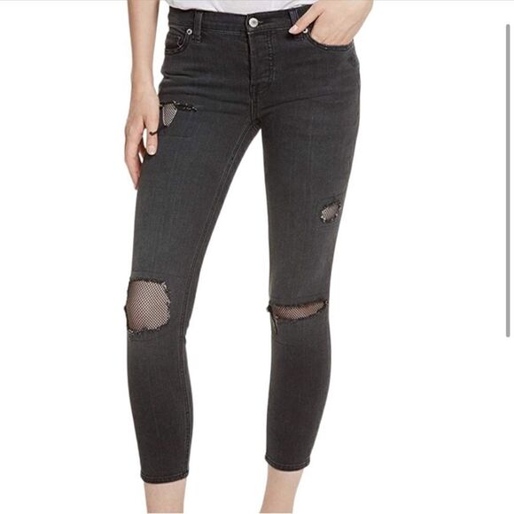 Free People Fishnet Patch Skinny Jean Button Fly Washed Out Black - Picture 14 of 15